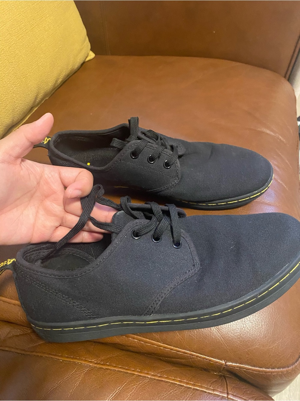 Dr. Martens Black Canvas Shoes with Yellow Stitching